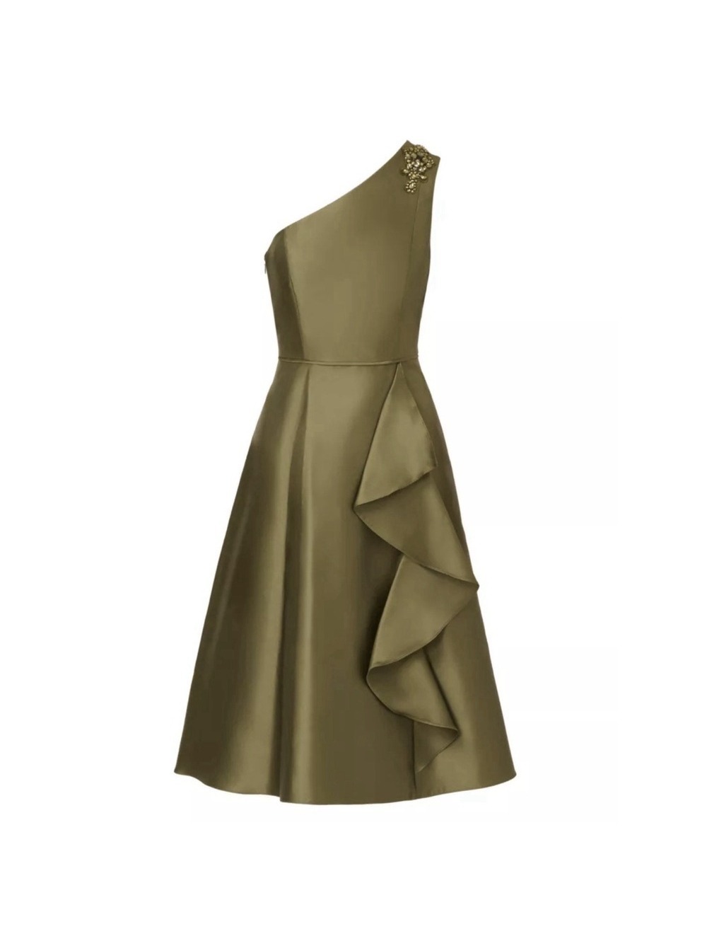 Papell Studio Dress 8 NWT Olive One Shoulder Mikado Beaded Ruffle Midi